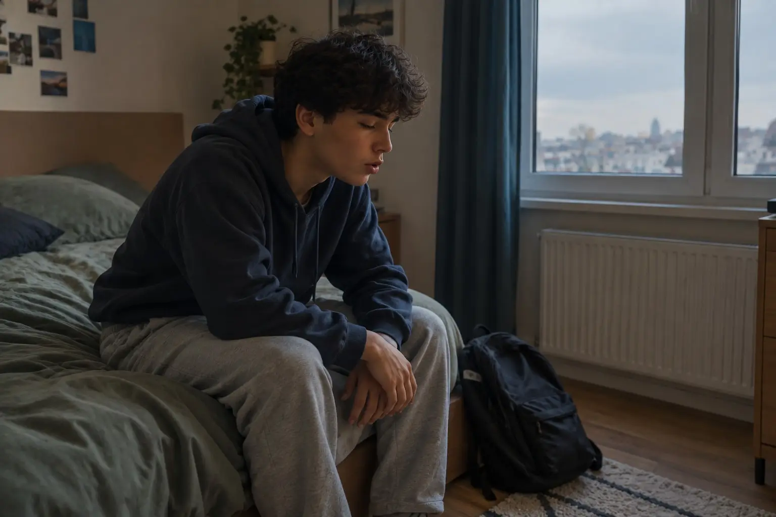 Un adolescent assis au bord de son lit, les coudes sur les genoux, qui souffle lentement, son sac de cours posé à côté de lui.