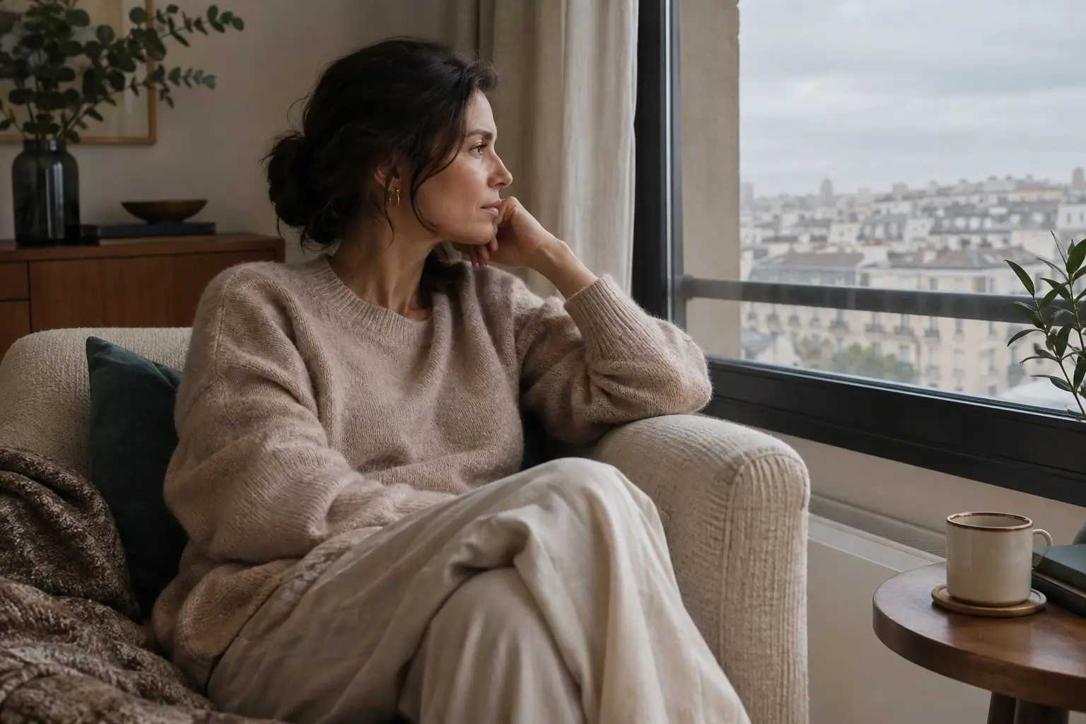 Une femme assise dans un fauteuil près d'une fenêtre, le regard au loin, une tasse posée à côté d'elle.
