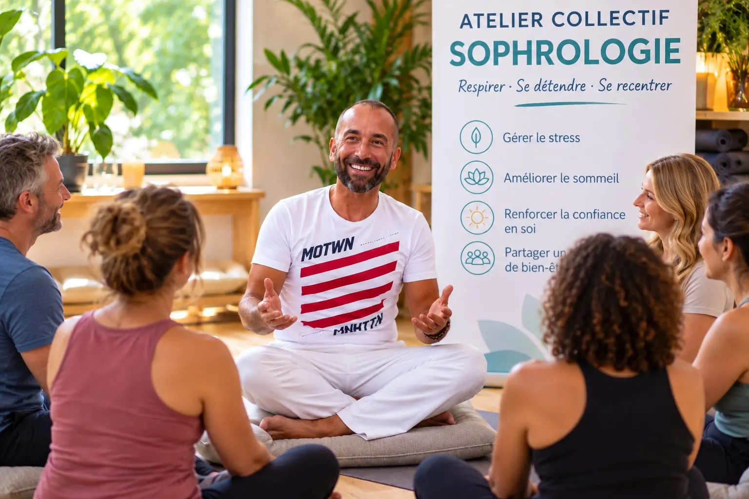 Bernard Carret-Ollivier, assis en tailleur devant un kakémono « Atelier collectif sophrologie », anime un groupe de six participants.