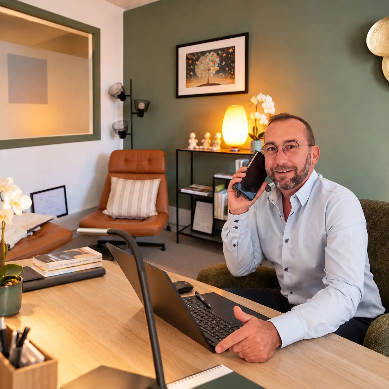 Bernard Carret-Ollivier, au bureau de son cabinet, répond au téléphone, son ordinateur portable ouvert devant lui.