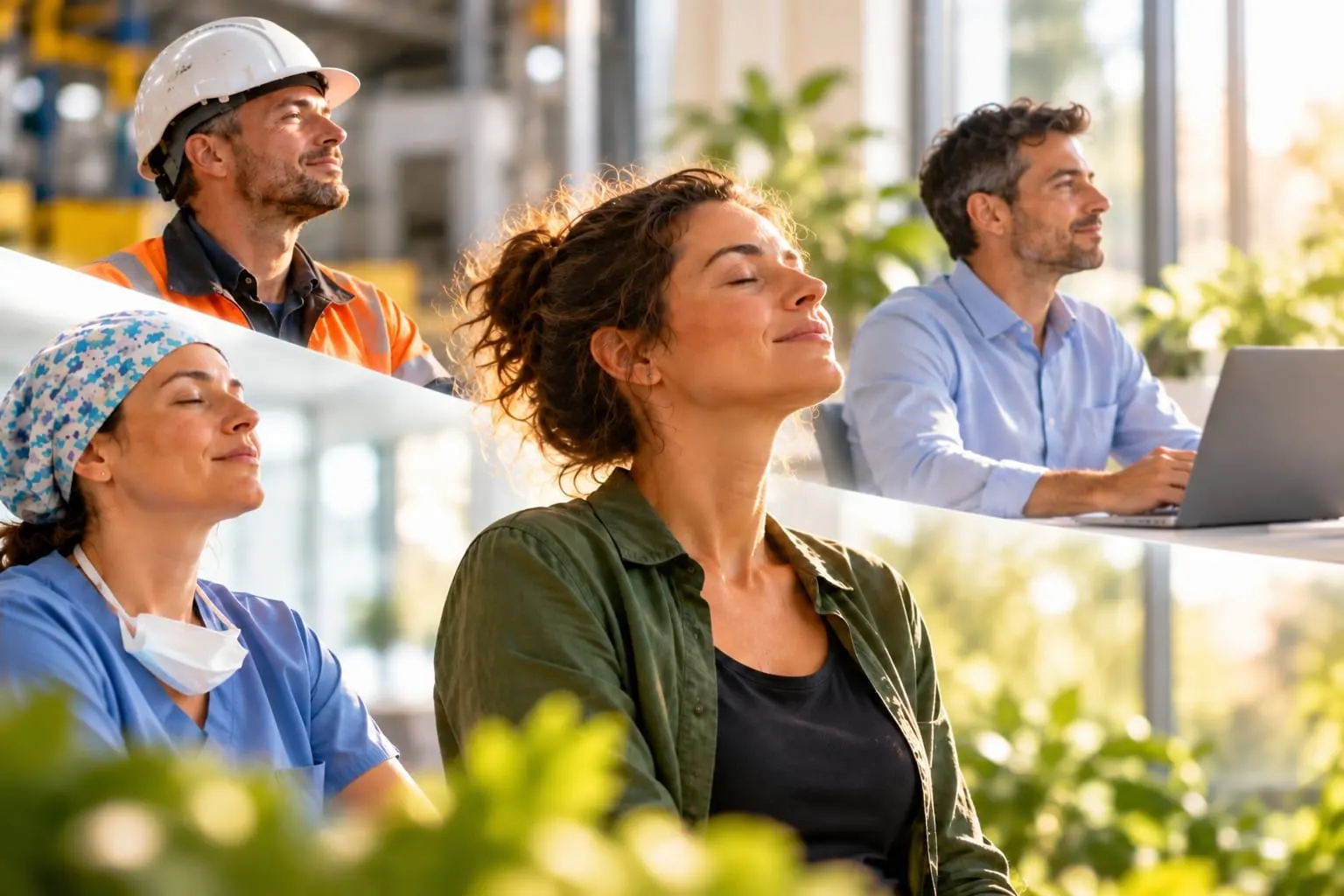 Des personnes de metiers differents, a leur poste de travail, prenant un instant pour respirer les yeux fermes.