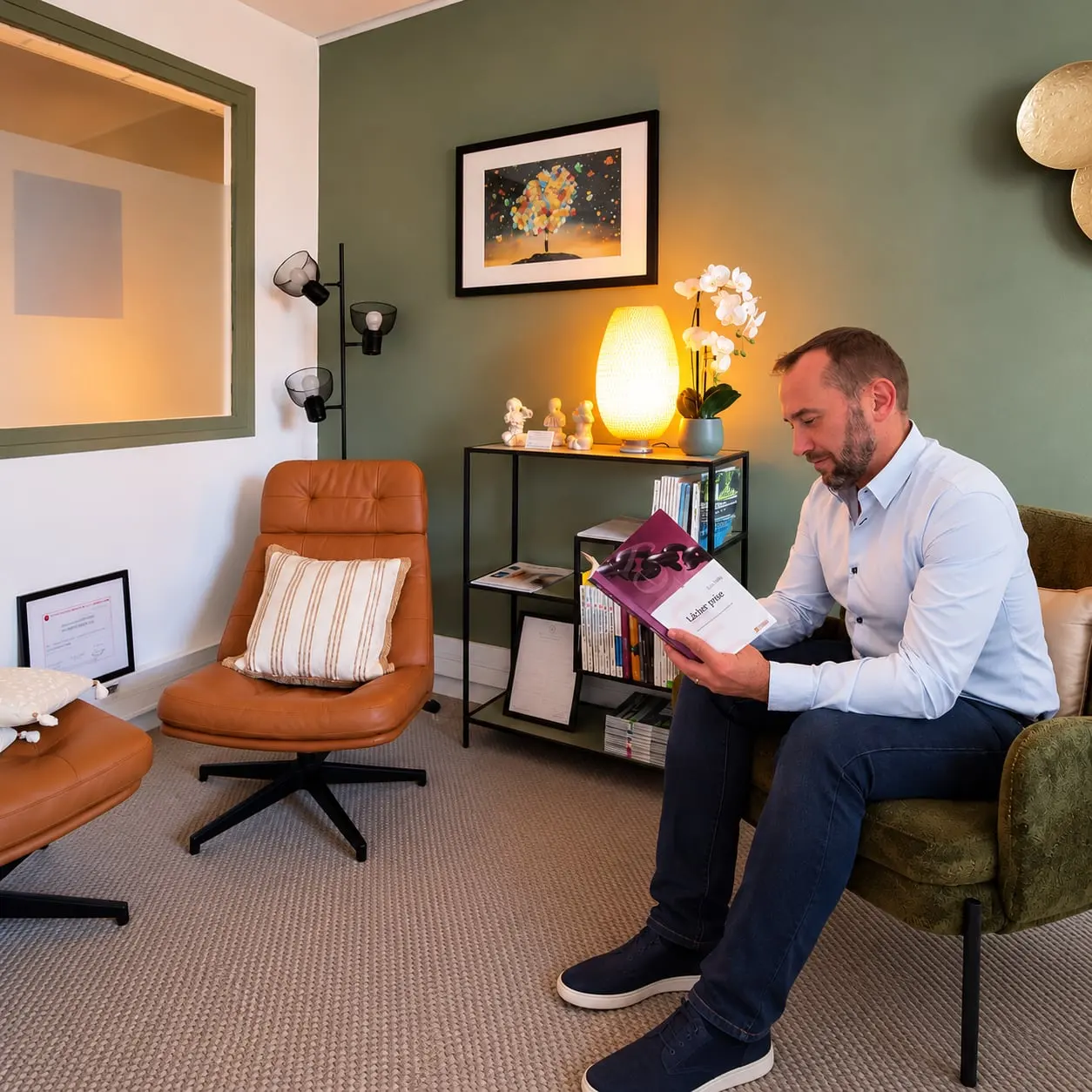 Bernard Carret-Ollivier, assis dans son fauteuil au cabinet, un livre ouvert à la main, face au fauteuil laissé libre pour la personne accompagnée.