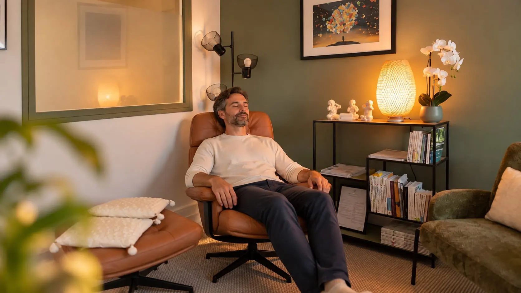 Un homme installé dans le fauteuil du cabinet, la tête posée en arrière et les yeux fermés, pendant un temps de relaxation.