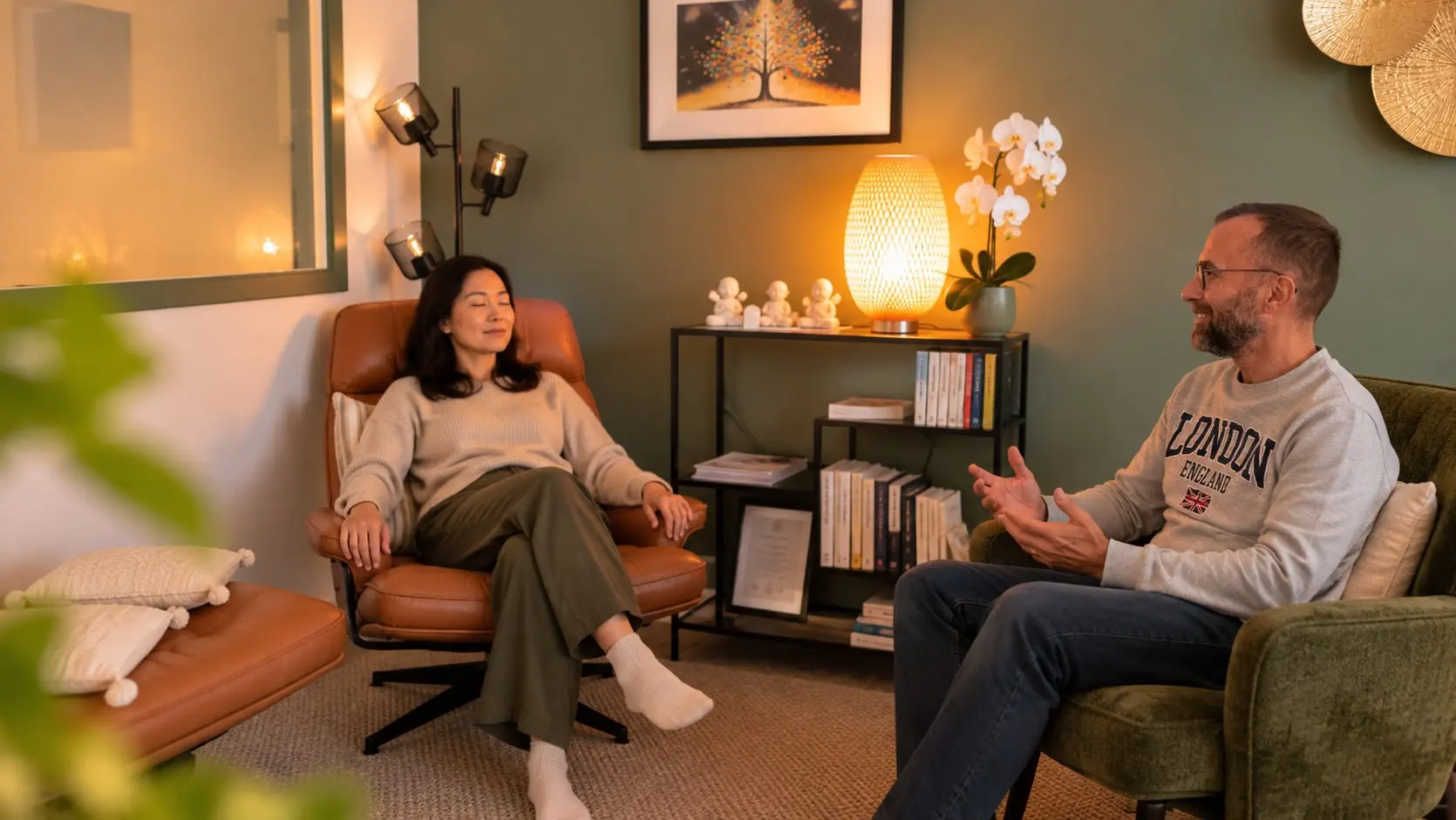 Une femme installée dans le fauteuil du cabinet échange avec Bernard Carret-Ollivier, assis en face d'elle.