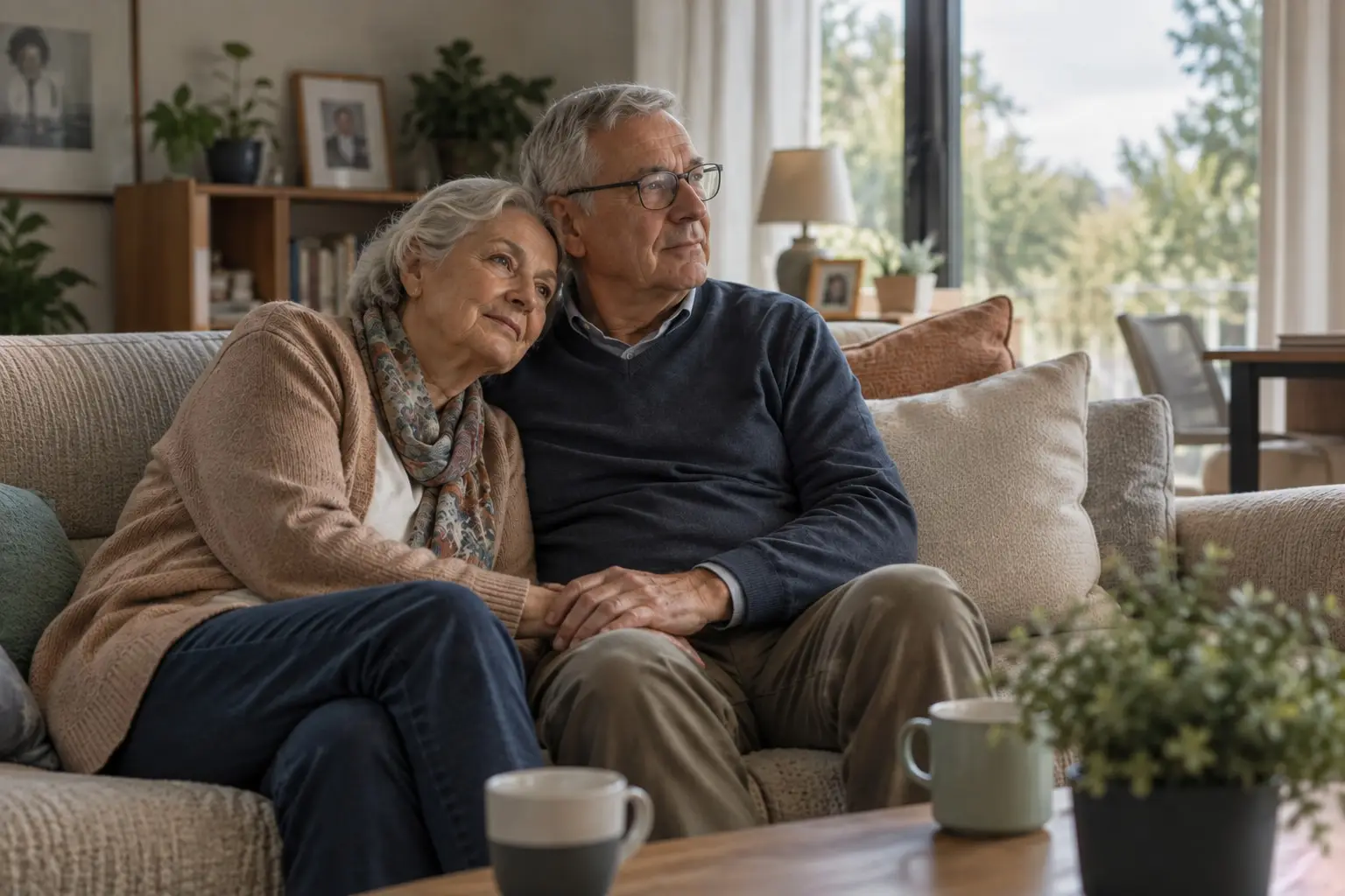 Un couple de seniors assis sur un canapé, elle la tête posée sur son épaule, le regard tourné vers la fenêtre.
