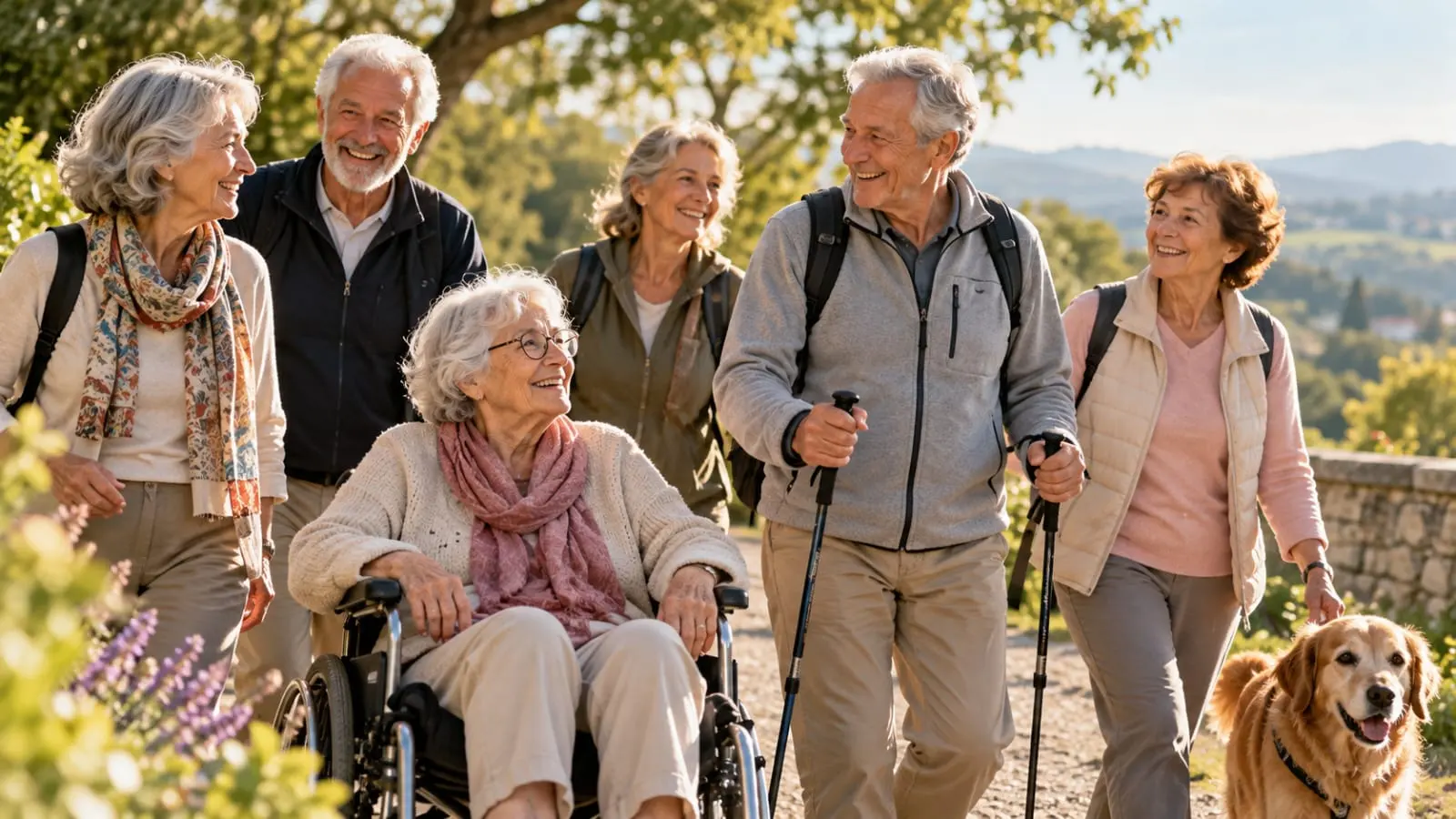 Un groupe de personnes agees en promenade au grand air, dont l'une en fauteuil roulant, et un chien.