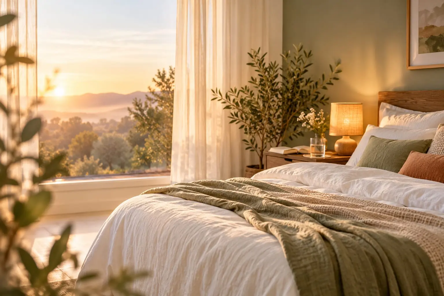 Une chambre claire au lever du jour, le lit prepare et la vue ouverte sur les collines.