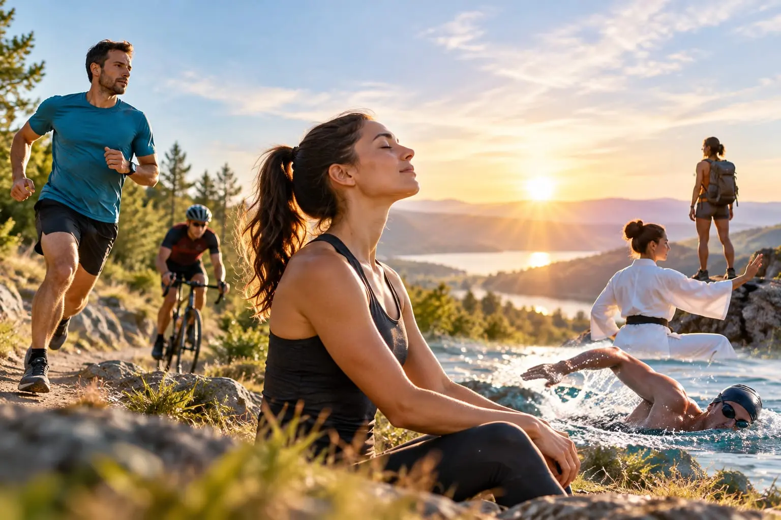 Plusieurs sportifs en plein air au lever du jour : course, velo, natation, karate, randonnee, et une femme qui reprend son souffle.